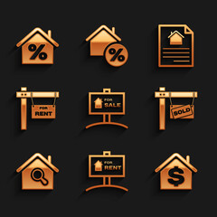 Set Hanging sign with For Sale, Rent, House dollar, Sold, Search house, contract and percant icon. Vector