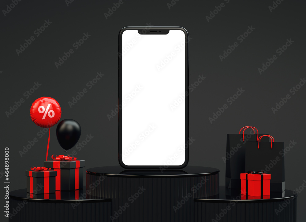 Poster black friday banner background with mobile phone mockup and red stuff on a dark podium platforms in 