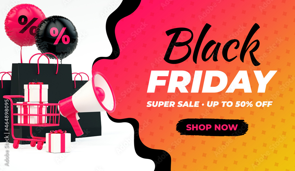 Poster black friday flyer background with megaphone and copy space in 3d rendering