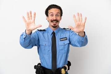 Young police man over isolated background white counting ten with fingers