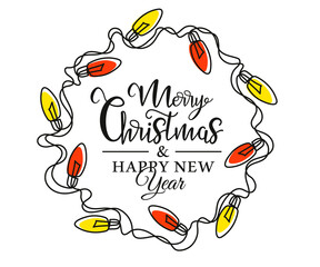 Continuous one line drawing of Christmas garland. Christmas light in the shape of a circle isolated on white background. Vector illustration