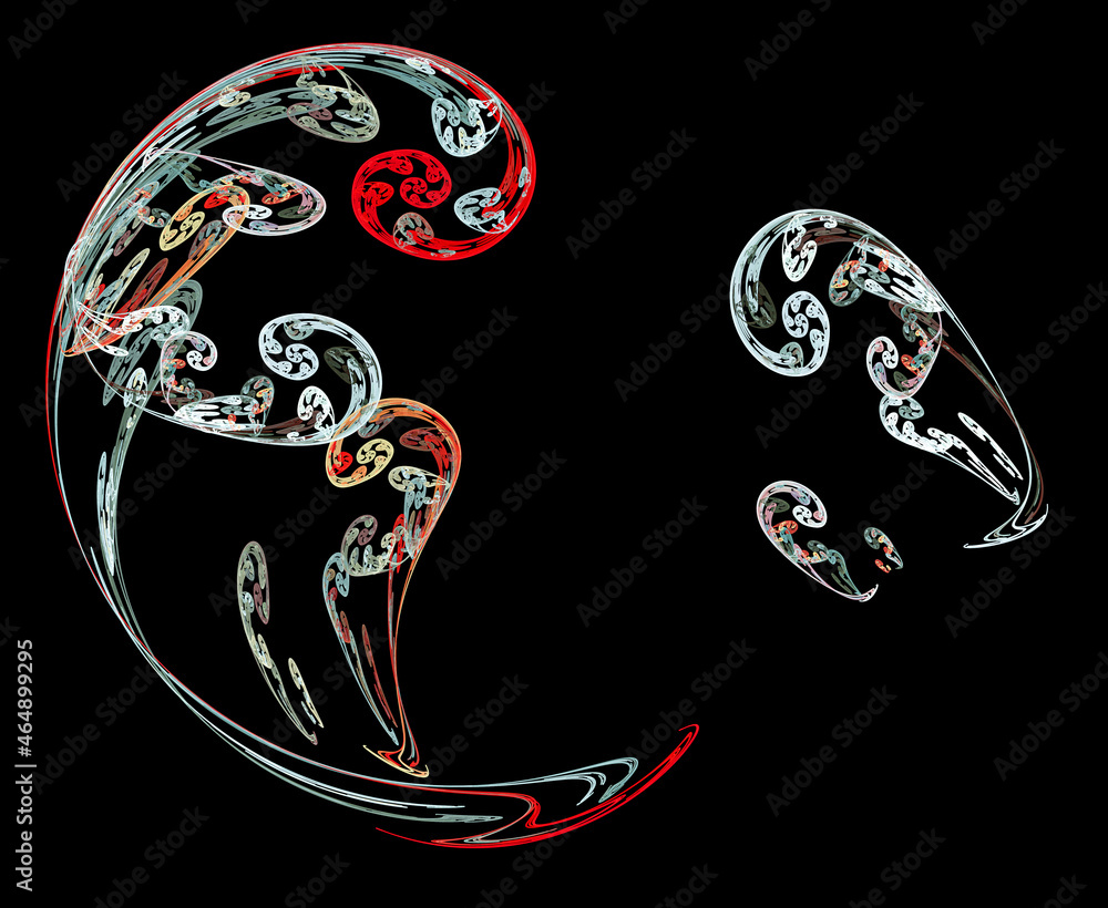 Poster graceful colorful spirals create a pattern on a black background. abstract fractal background. 3d re