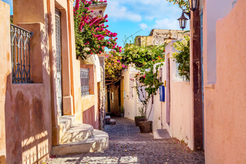 Famous Oia village narrow street with white houses and bougainvillea flowers. Santorini island,...