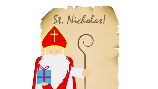 Saint nicholas with a gift in his hand, art video illustration.