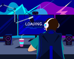 Teenager video streamer in headphones. Concept metaverse in home 