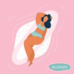 PMS or Menstrual period cycle concept vector with body positive girl on sanitary pads. BLOOD is NORMAL