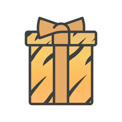 Gift box icon painted to match the symbol of the year of the tiger. Cute cartoon character of the new year. Isolated vector on pure white background.