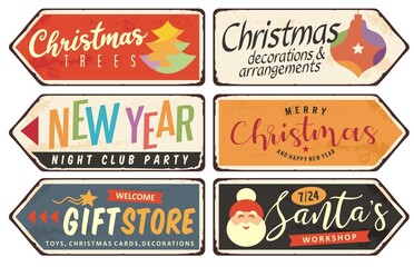 Vintage Christmas metal signs collection. Vector illustration.