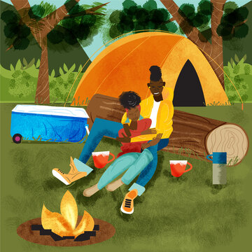 Lesbian couple camping near the lake