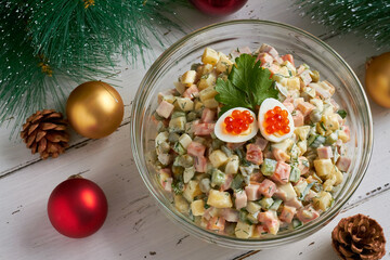 traditional russian salad (olivier) white background new years tree new year tree decorations