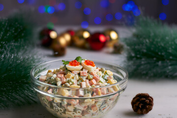 traditional russian salad (olivier) white background new years tree new year tree decorations