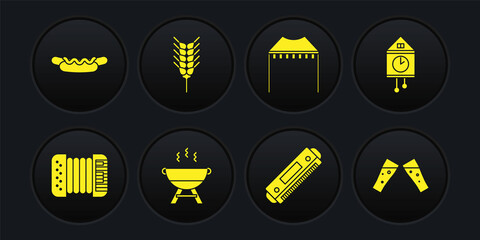 Set Accordion, Retro wall watch, Barbecue grill, Harmonica, Camping tent, Wheat, Glass of beer and Hotdog sandwich icon. Vector