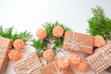 gifts from craft paper on white handmade christmas theme and christmas- Image