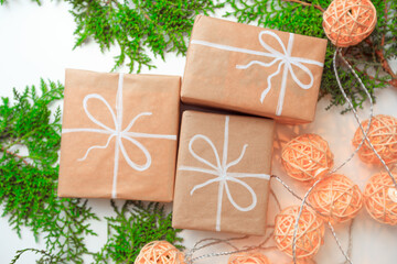 gifts from craft paper on white handmade christmas theme and christmas- Image