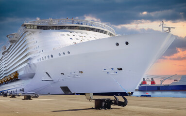 Navire de croisi&egrave;res en escale dans un port.