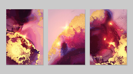 Set of marble patterns. Burgundy, purple and gold geode textures with glitter. Abstract vector background in alcohol ink technique. Modern paint with sparkles. Backdrops for banner, poster. Fluid art