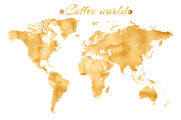 Vector world map in watercolor style with coffee splashes