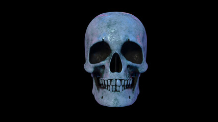 Totenkopf / Totenschädel [solo] verwittert + schmutzig, farbig beleuchtet vor dunklem Hintergrund | 3D Render Illustration