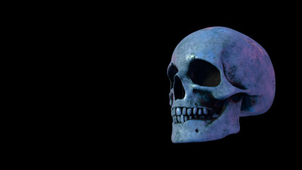 Totenkopf / Totenschädel [solo] verwittert + schmutzig, farbig beleuchtet vor dunklem Hintergrund | 3D Render Illustration