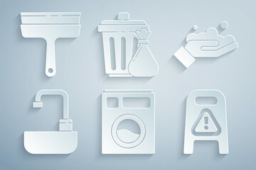 Set Washer, Washing hands with soap, Washbasin water tap, Wet floor cleaning progress, Trash can garbage bag and Rubber cleaner for windows icon. Vector
