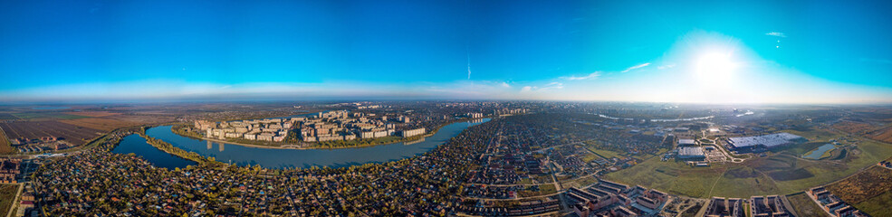 morning cityscape - a large aerial panorama of the southwestern outskirts of the city of Krasnodar...