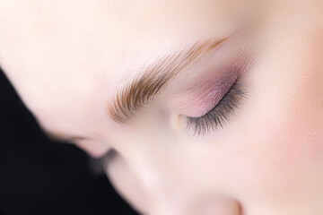 close-up of the model's combed eyebrows with the help of laminating compositions