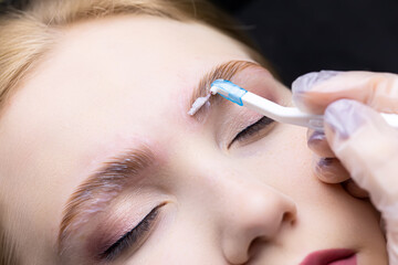 macro photography of the distribution of compositions with a special brush for laminating eyebrows
