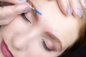 shaping and directing the growth of eyebrows with a brush after the eyebrow lamination procedure