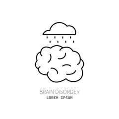 Psychological problems line icon concept. Human brain with cloud and rain outline stroke element. Psychologist counseling. Anxiety, mood disorder, depression. Editable stroke vector illustration