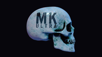 Totenschädel / Totenkopf mit Aufschrift "MK Ultra", Profil Neon bunt beleuchtet vor dunklem Hintergrund | 3D Render Illustration