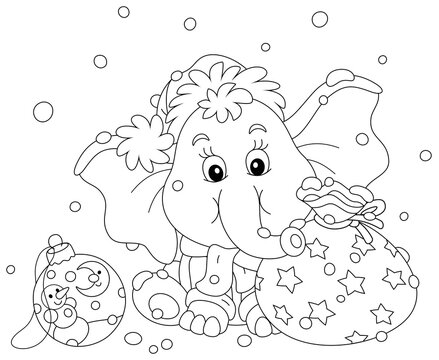 Cute little elephant in a Santa hat sitting on snow with a beautiful gift bag and a Christmas toy ball, black and white outline vector cartoon illustration for a coloring book page