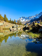 Fototapeta na wymiar Photo depuis un étang des Alpes suisses. Prêt du camping de Blatten