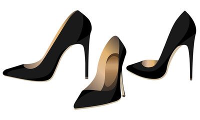 Vector set of women's black classic pumps isolated on white background. Realistic high heel shoes.