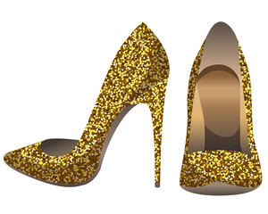 Vector women's gold pumps with sparkles isolated on white background. Shiny high heel shoes.