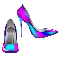 Vector holographic neon pumps. Cartoon high heel shoes isolated on white background.