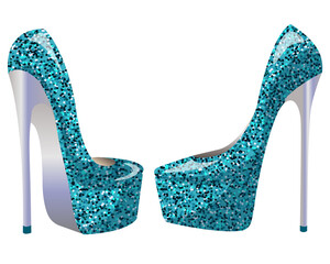 Vector women's green platform shoes and high heels with sequins isolated on white background.