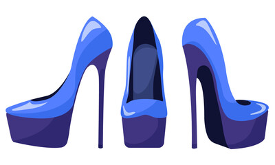 Vector set of women's blue platform shoes and high heels isolated on white background.