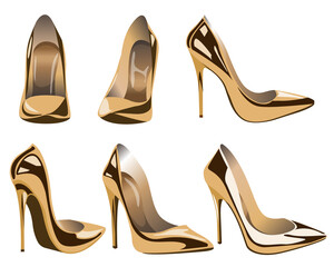 Vector set of metallic pumps. Gold high heel shoes isolated on white background.