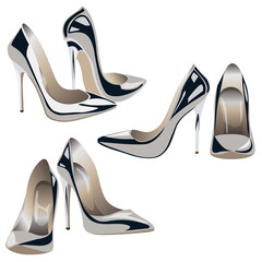 Vector women's silver metal pumps isolated on white background. Realistic high heel shoes.