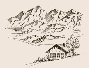 Hand drawn vector landscape with mountains, trees and village house in the mountains valley. Perfect for banner, poster and sticker design. 