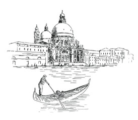 Cathedral of Santa Maria della Salute in Venice, Italy. Hand drawn vector scetch of Venice and gondola © Regina Bilan