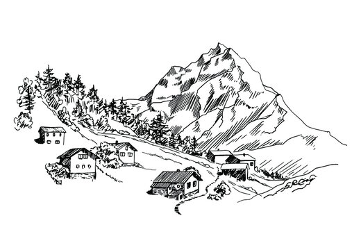 Hand drawn vector landscape with mountains, trees and village house in the mountains valley. Perfect for banner, poster and sticker design. 