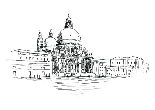Cathedral of Santa Maria della Salute in Venice, Italy. Hand drawn vector scetch of Venice