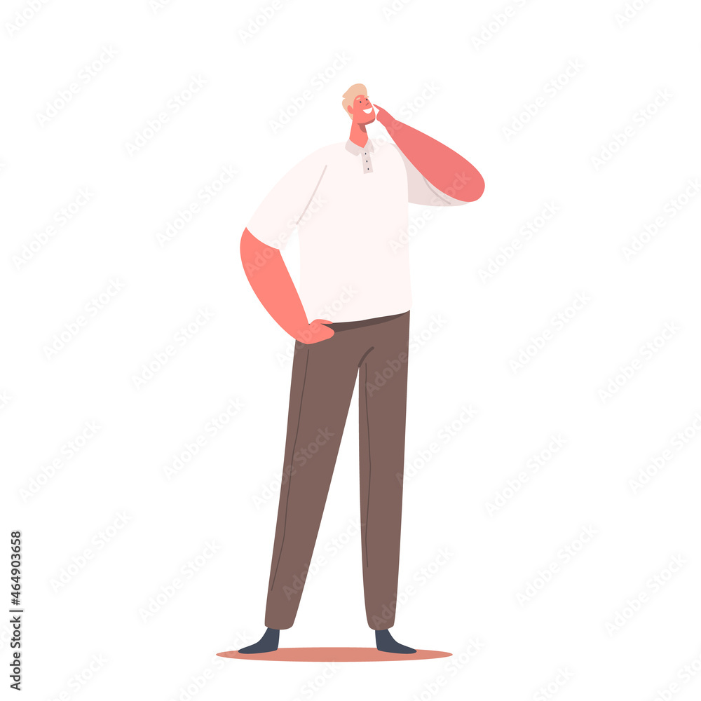 Aufkleber confused or curious single male character thinking, solving problem searching solution isolated on w