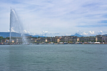 Naklejka na ściany i meble Geneva water fountain, Jet d'eau, Old city lake view, Switzerland, Europe