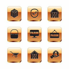 Set Bale of hay, Wheelbarrow, Farm house, Location farm, Basket, in hand and Shield with leaf icon. Vector