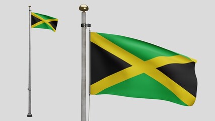 3D, Jamaican flag waving on wind. Close up of Jamaica banner blowing soft silk.