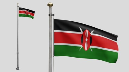 3D, Kenyan flag waving on wind. Close up of Kenya banner blowing soft silk.