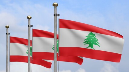 3D, Lebanese flag waving on wind. Close up of Lebanon banner blowing soft silk.