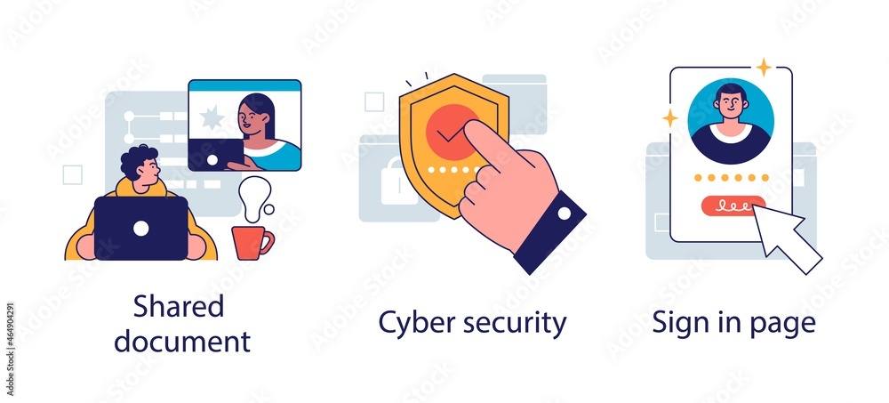 Poster cloud service access abstract concept vector illustration set. shared document, cyber security, sign